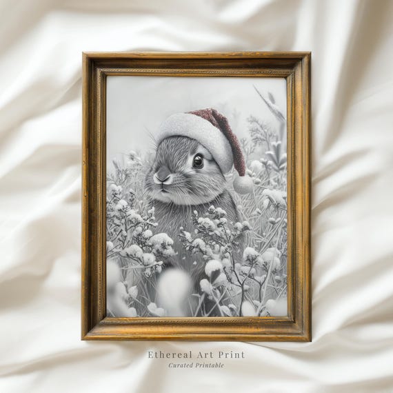 Baby Rabbit In Santa Hat Sketch Xmas Print Cute Hare Christmas Wall Decor Vintage Buuny Drawing Prints Neutral Nursery
