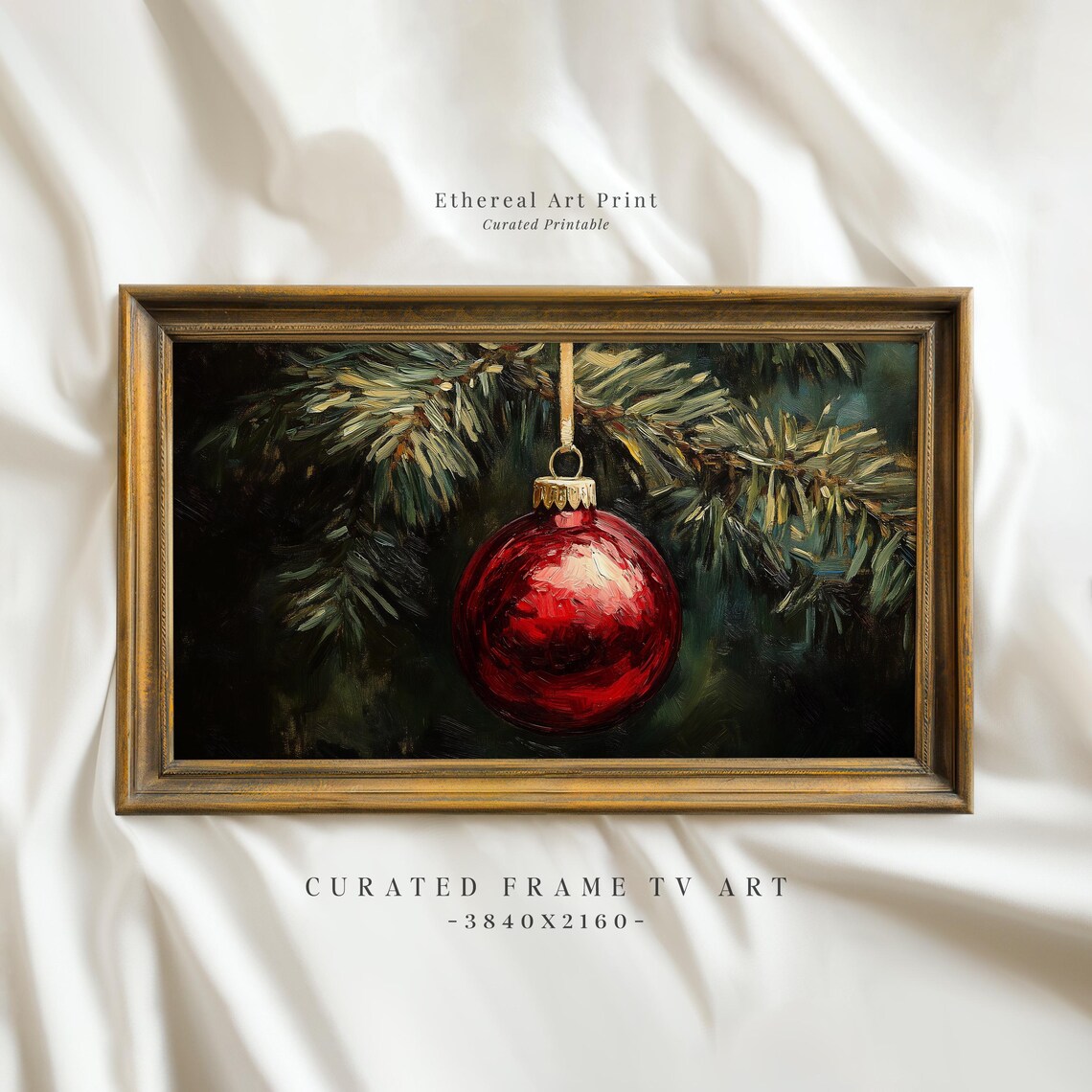 Red Christmas Bauble On Pine Branch Moody Oil Painting Wall Art