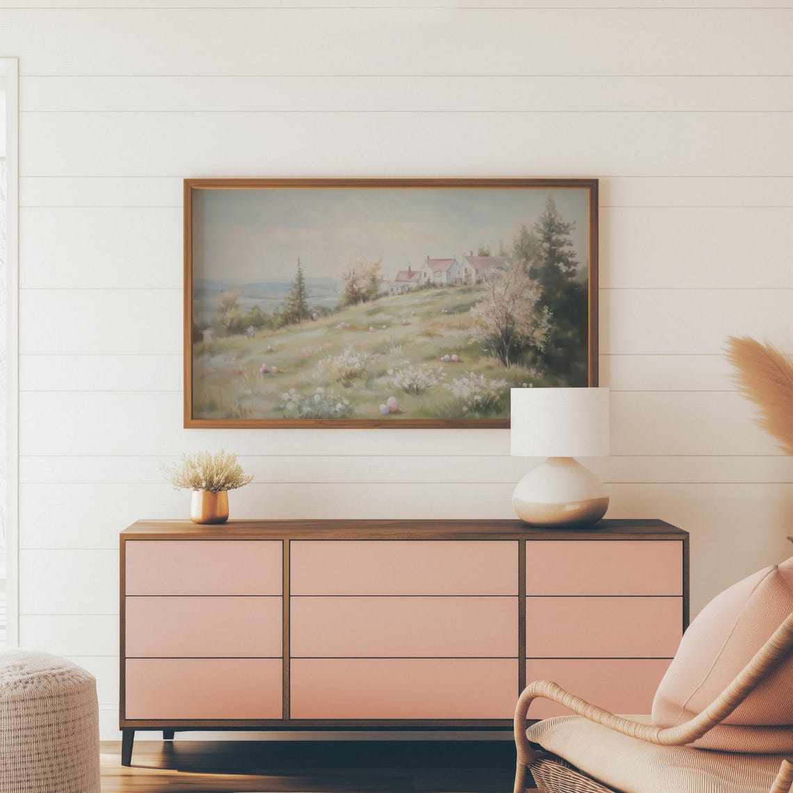Soft Pastel Easter Egg Hunt Meadow Hillside Farmhouse Spring Wall Art - Image 3
