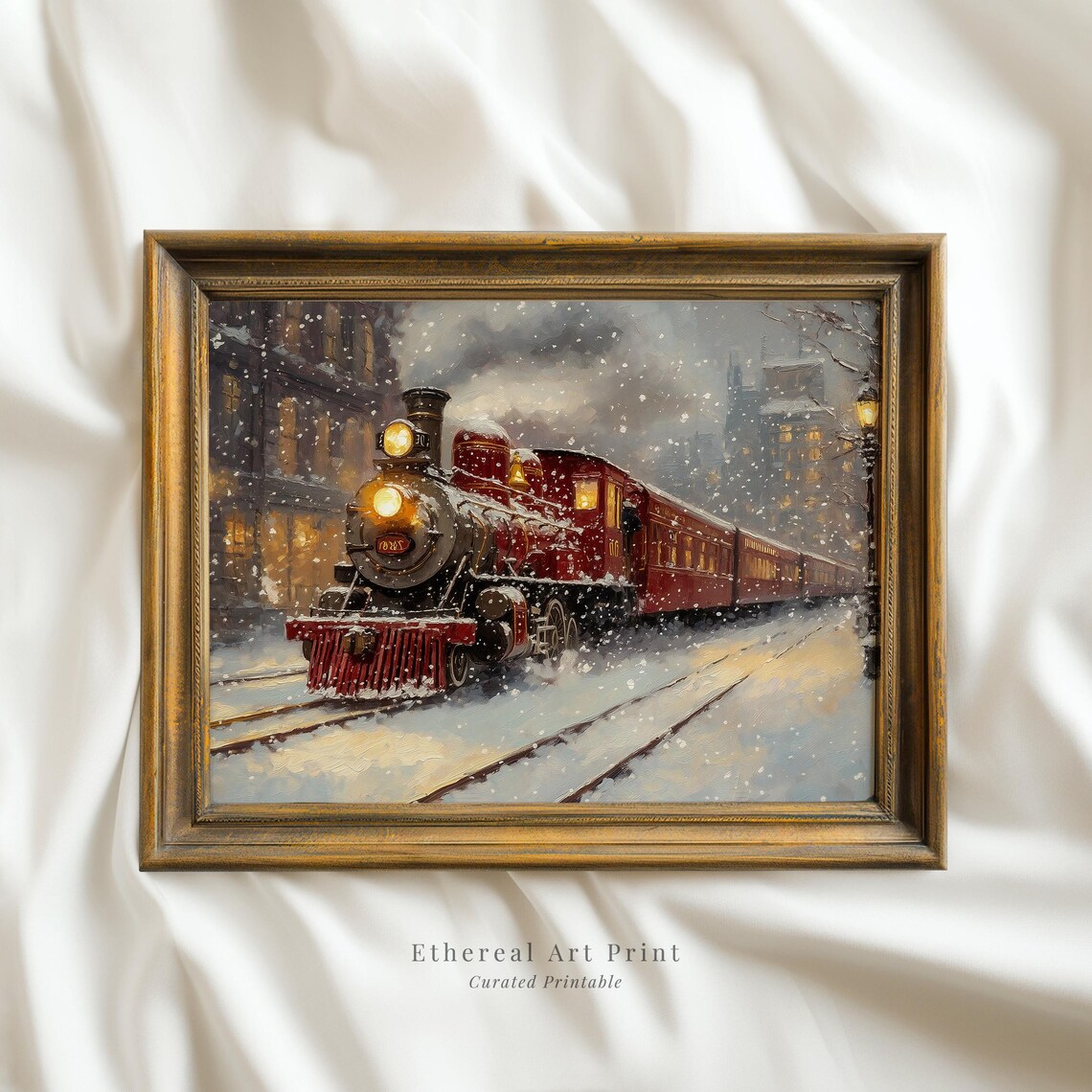 Red Steam Train Snowy Night City Street Vintage Christmas Print