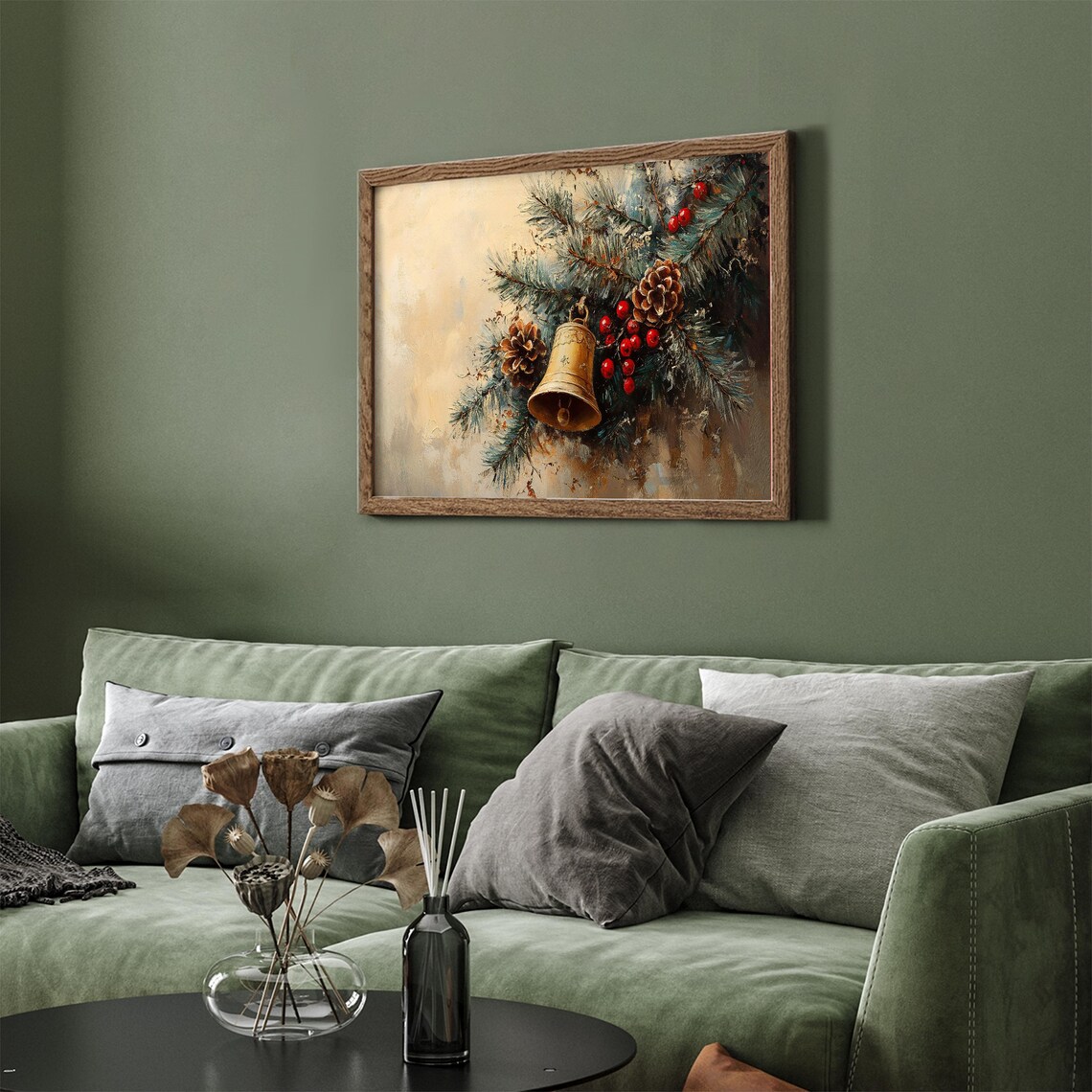 Golden Christmas Bell Pine Cones Berries Winter Forest Art Poster - Image 4