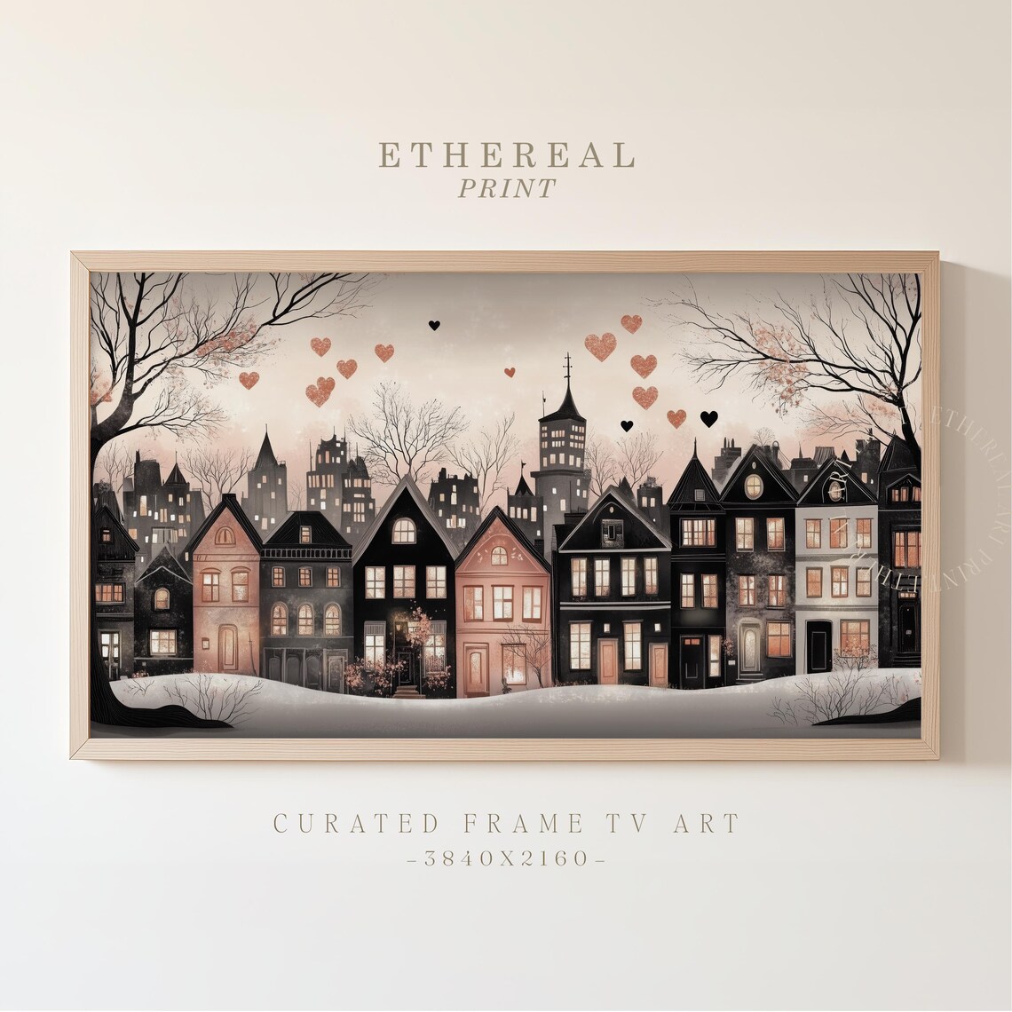 Moody City Skyline With Floating Hearts Winter Night Romance Wall Art