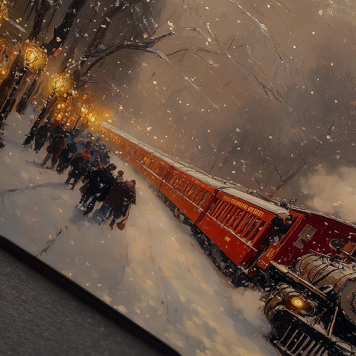 Steam Train Snowy Street Station Lamplight Winter Evening Print - Image 4