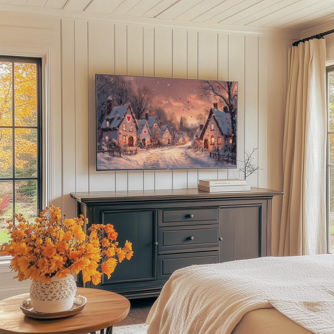 Snowy Village At Sunset With Floating Hearts Winter Romance Wall Art - Image 4