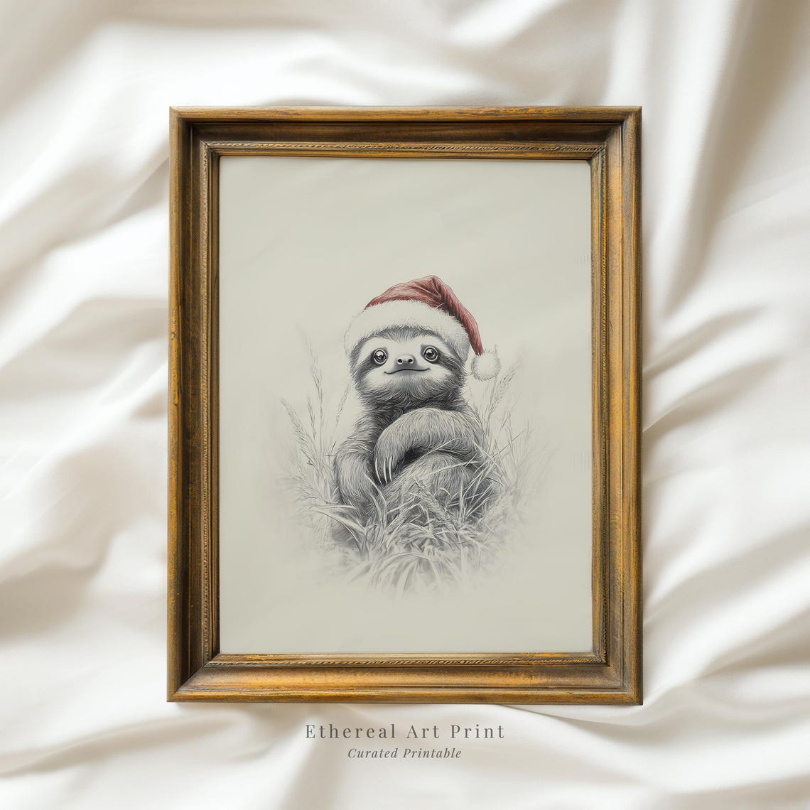 Cute Baby Sloth With Santa Hat Sketch Neutral Christmas Nursery Wall Decor Vintage Winter Wall Art Sloth Drawing Prints