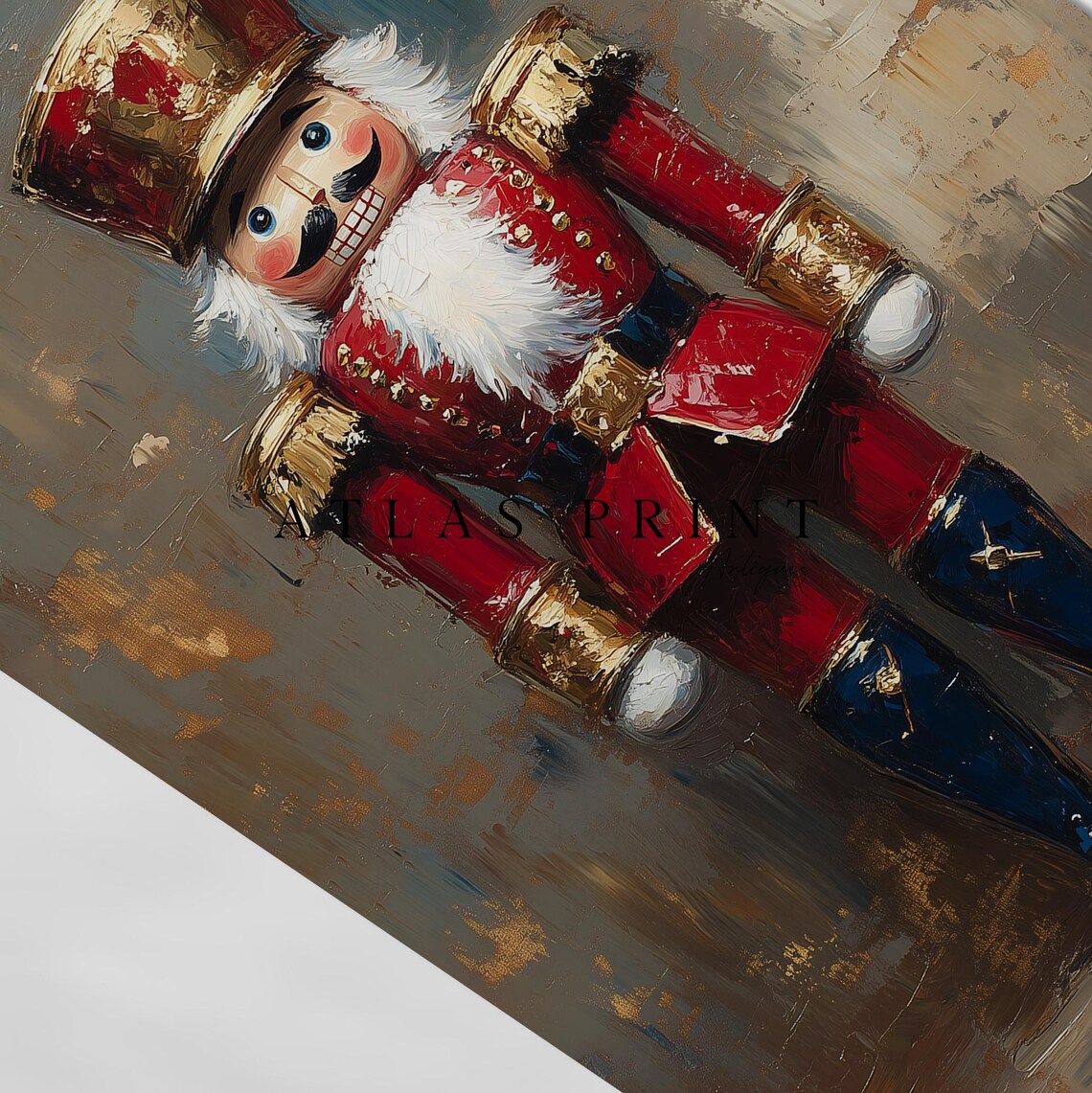 Red Gold Nutcracker Soldier Vintage Christmas Oil Painting Wall Art - Image 4