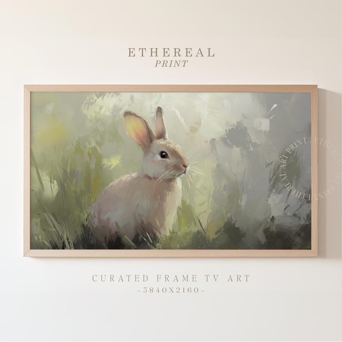 Beige Bunny In Sunlit Grass Soft Painterly Rabbit Animal Wall Art