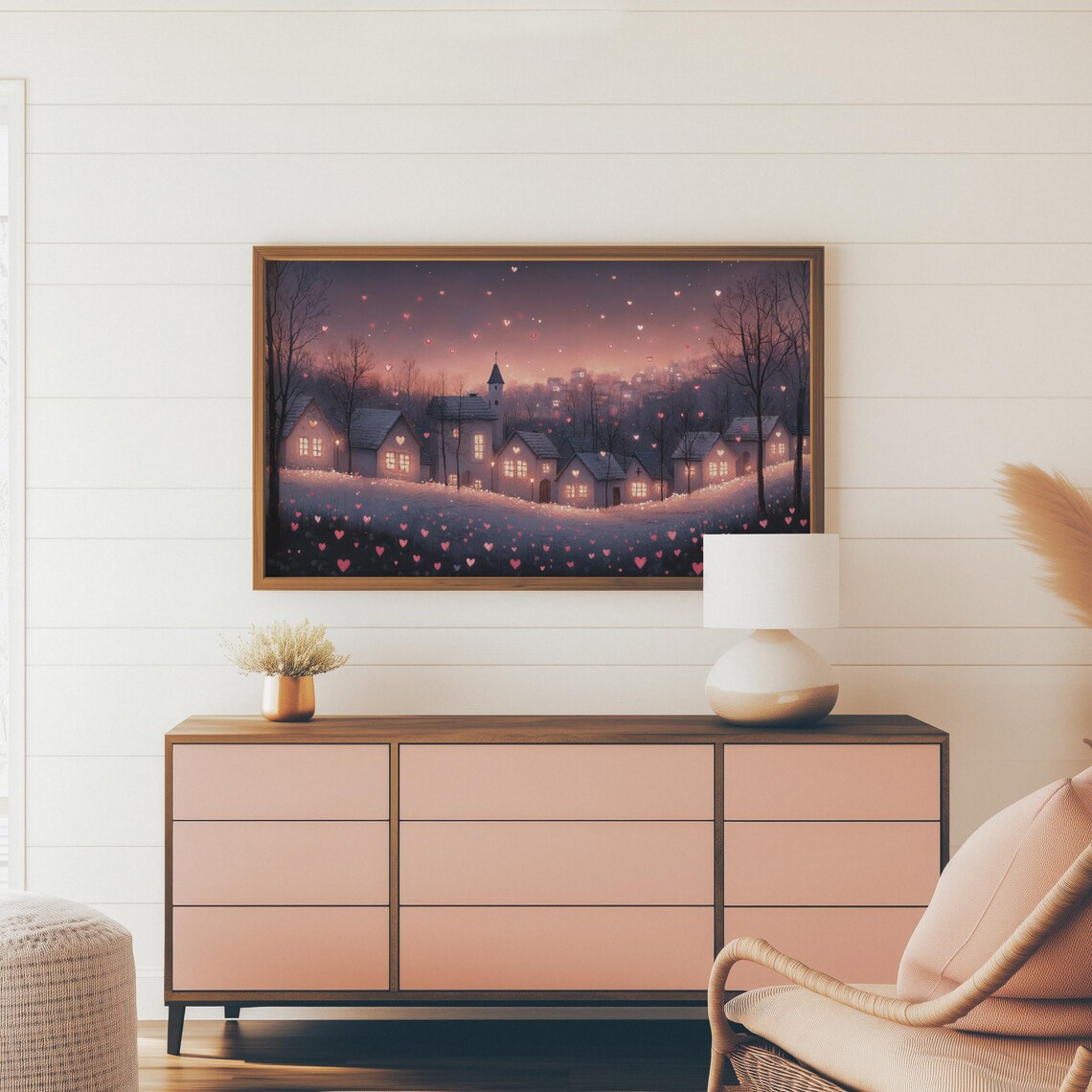 Snowy Village Night With Glowing Hearts Under Pink Sky Wall Art - Image 4