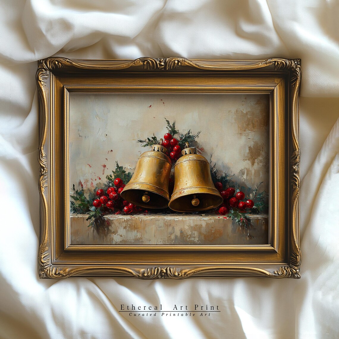 Vintage Gold Bells And Winter Berries Festive Holiday Art Print - Image 2