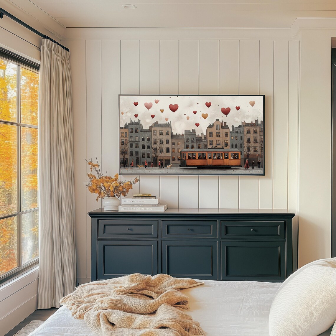 Vintage Yellow Tram Under Heart Balloons European Street Art Print - Image 2