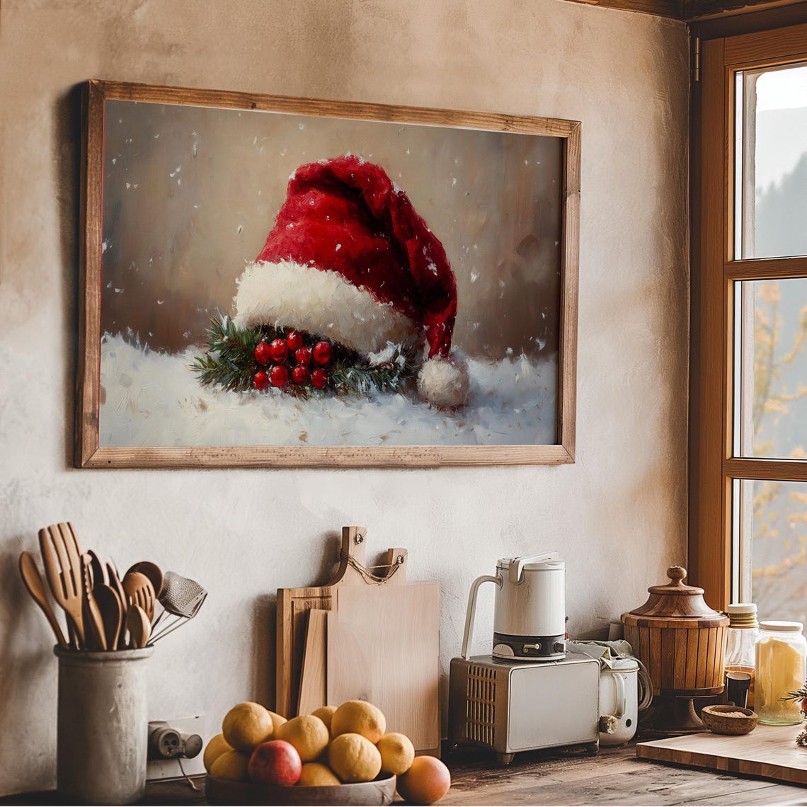 Santa Hat In Snow With Red Berries Christmas Painting Wall Art - Image 2
