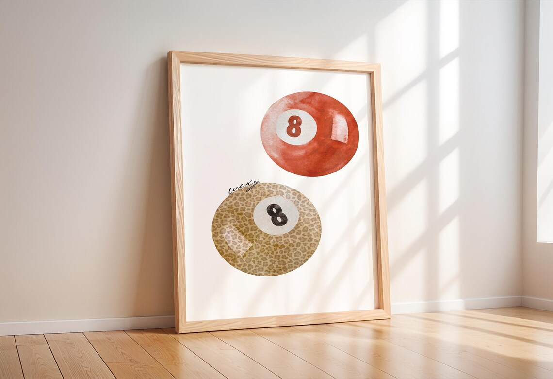 Lucky Leopard and Red Watercolor Eight Ball Game Room Trendy Poster - Image 2