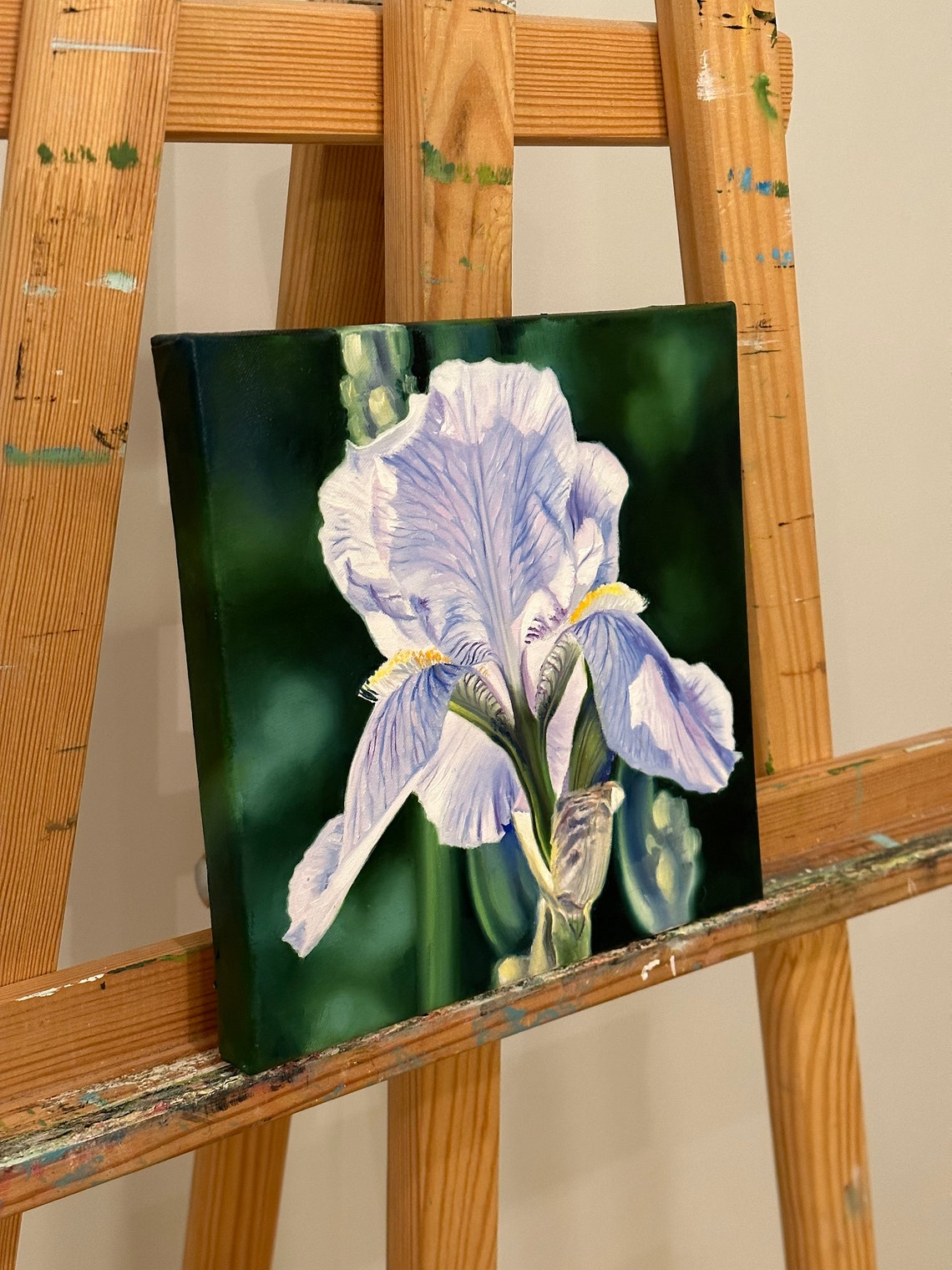 Lavender Blue Bearded Iris Flower Dark Green Macro Oil Wall Art - Image 2