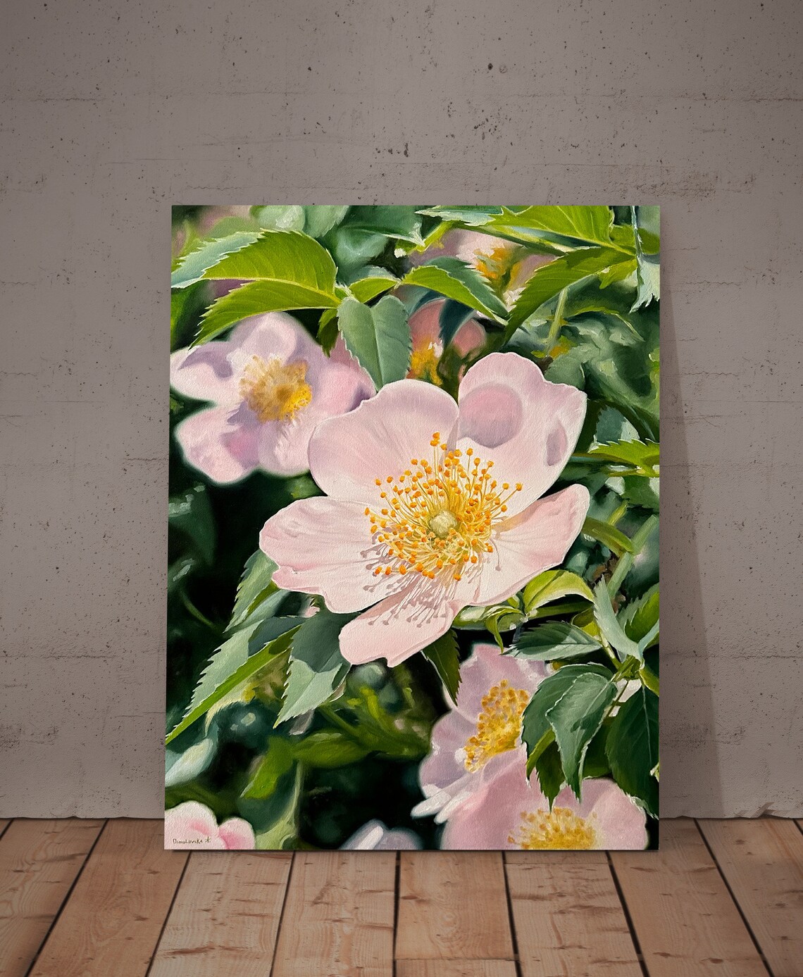 Pink Dog Rose Wildflowers Golden Stamens Macro Flower Oil Wall Art