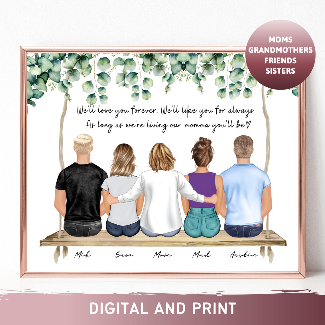 Mom With Her Four Children On A Wooden Swing Family Gift Poster