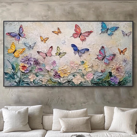 Abstract Floral Living Room Wall Art 3d Original Butterfly Flower Painting On Canvass Textured Wall Art Gift For Her Colorful Flowerpainting