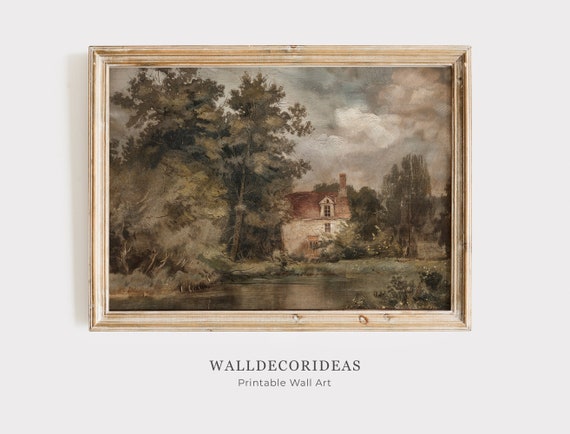 Vintage Neutral Print Antique Landscape Painting Rustic Home Decor Cottage Oil Painting Wall Art