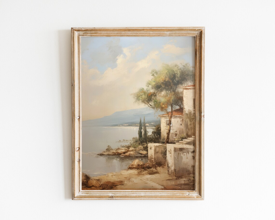Antique Coastal Painting, Vintage Rustic Decor