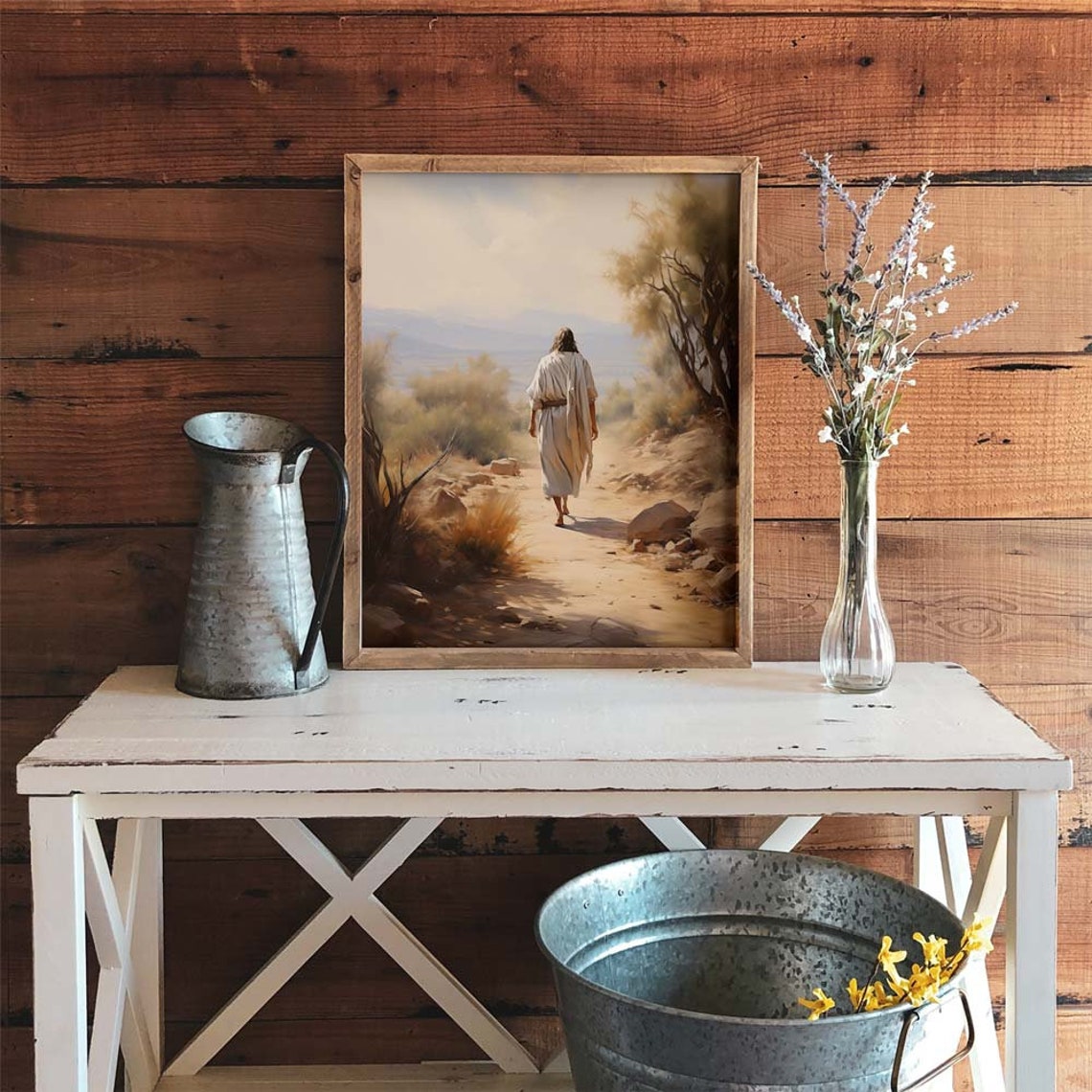 Jesus Walking on the Path Warm Tonal Christian Landscape Poster - Image 2