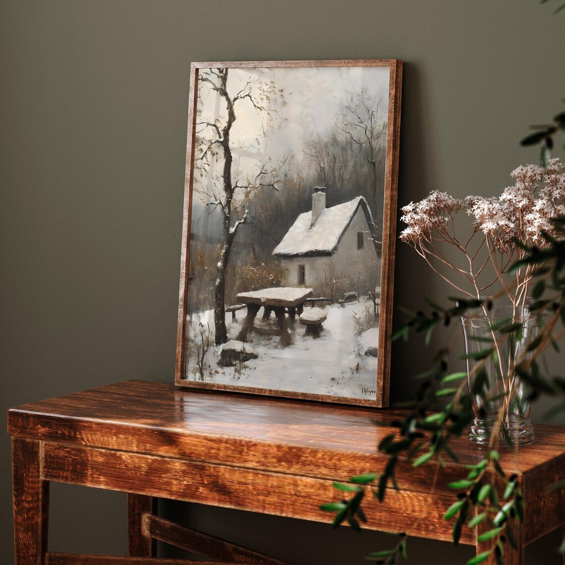 Snow Covered Cottage With Rustic Wooden Table Vintage Winter Landscape Poster - Image 6