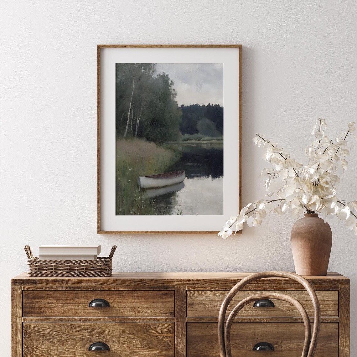 Canoe On Still Lake At Dusk Moody Vintage Lakeside Painting Poster - Image 7