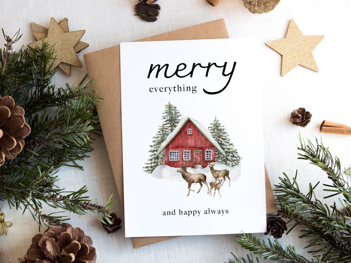 Merry Everything Red Barn Deer Watercolor Christmas Scene Poster - Image 2
