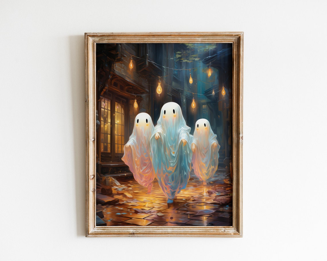 Three Cute Ghosts on a Lantern Lit Cobblestone Street Halloween Poster