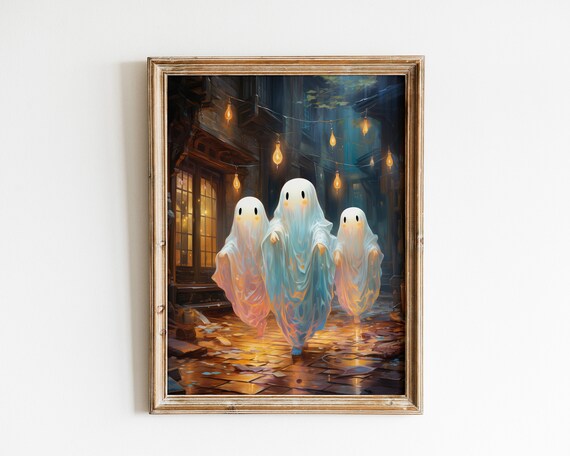 Three Cute Ghosts on a Lantern Lit Cobblestone Street Halloween Poster