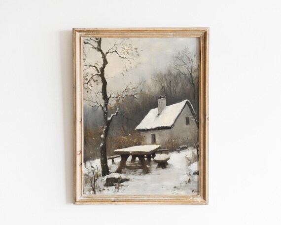 Snow Covered Cottage With Rustic Wooden Table Vintage Winter Landscape Poster