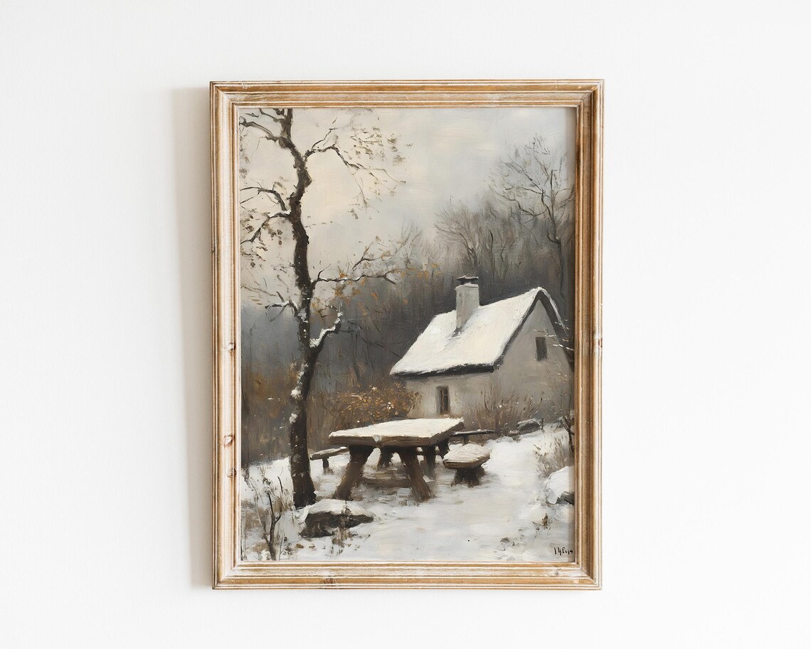 Snow Covered Cottage With Rustic Wooden Table Vintage Winter Landscape Poster