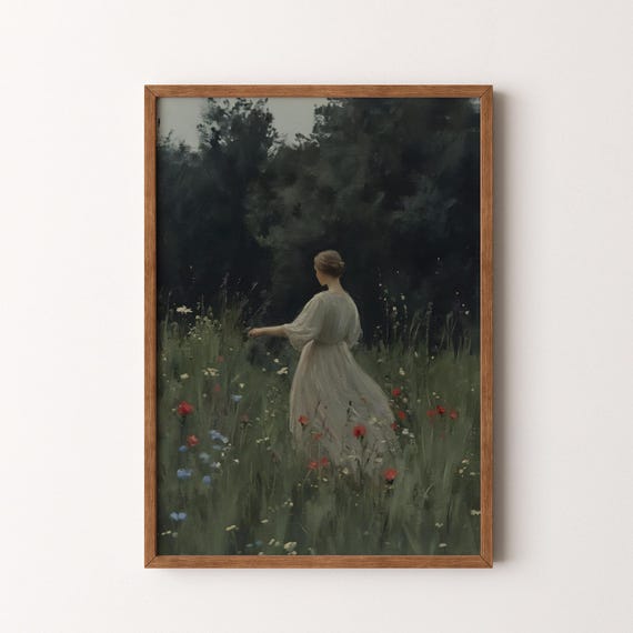 Vintage Woman In White Dress Painting Moody Forest Floral Scene Vi199