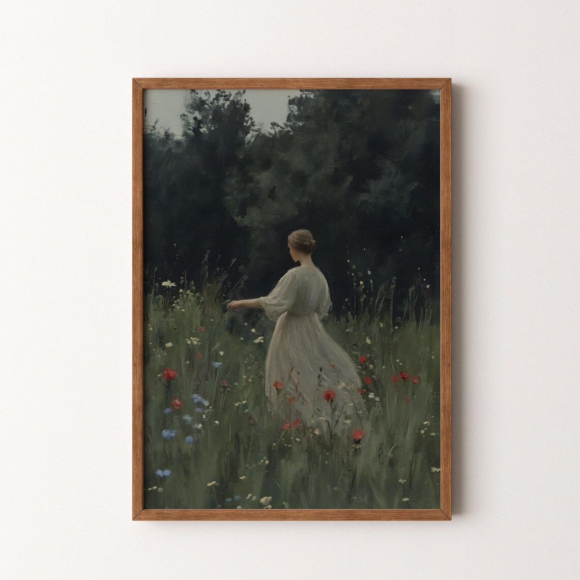 Woman In White Dress Among Red Poppies Vintage Meadow Painting Poster