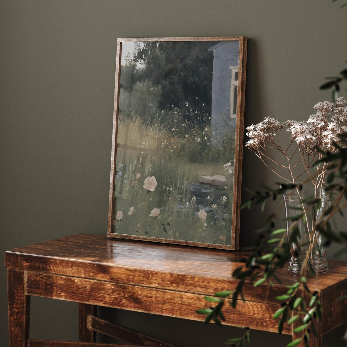 Vintage Rose Garden Cottage Pond Pale Roses Floral Oil Poster - Image 6