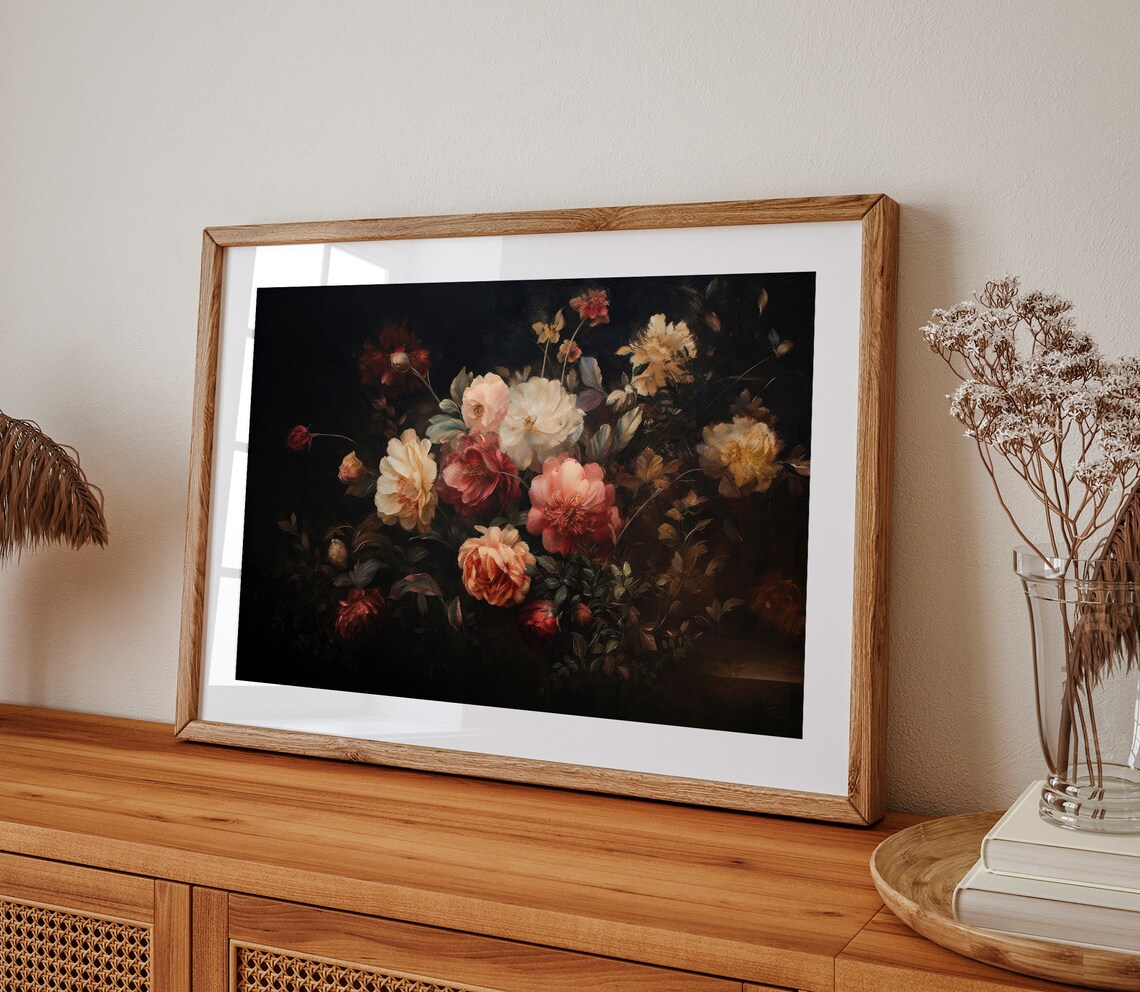 Vintage Botanical Still Life Print Flower Painting Rustic European Moody Vintage Print Dark Floral Oil Painting Wall Art - Image 2