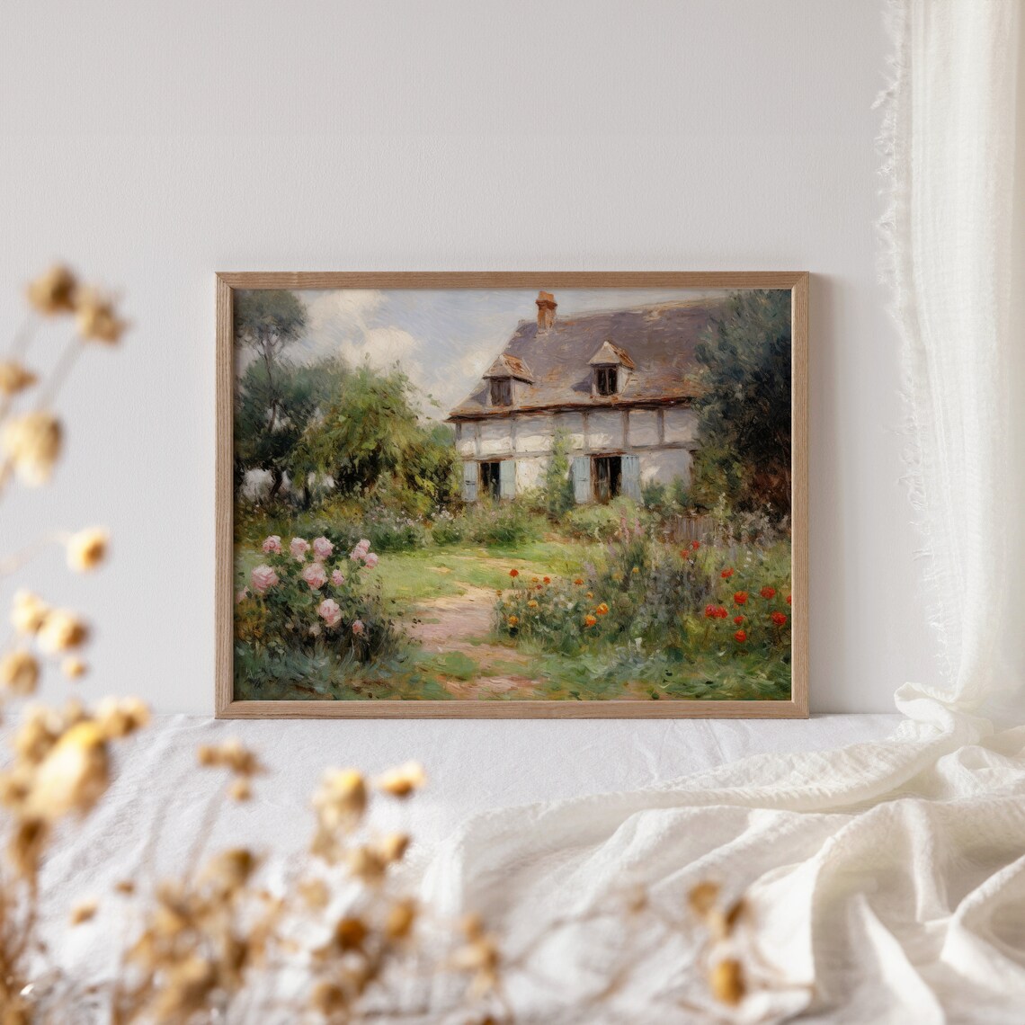 Cottage Garden With Pink Roses And Red Poppies Painting Poster - Image 4