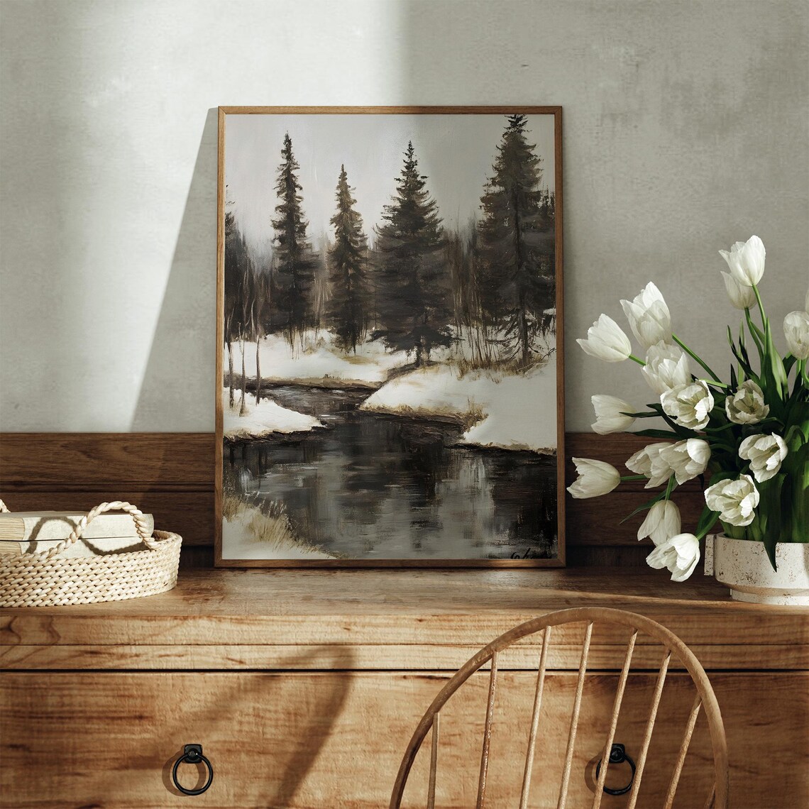 Rustic Winter Landscape, Moody Snowy Forest Scene - Image 3