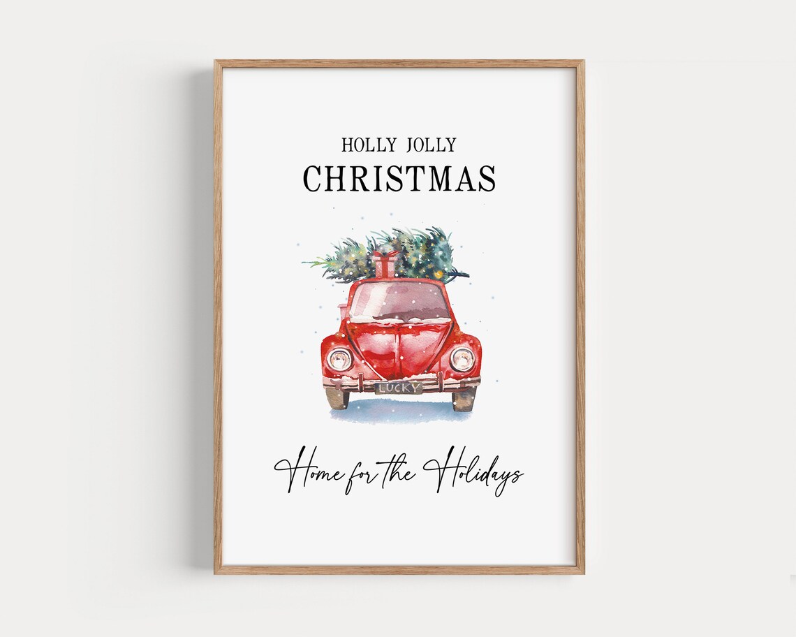 Red Christmas Car Watercolor Painting, Holiday Decor - Image 3