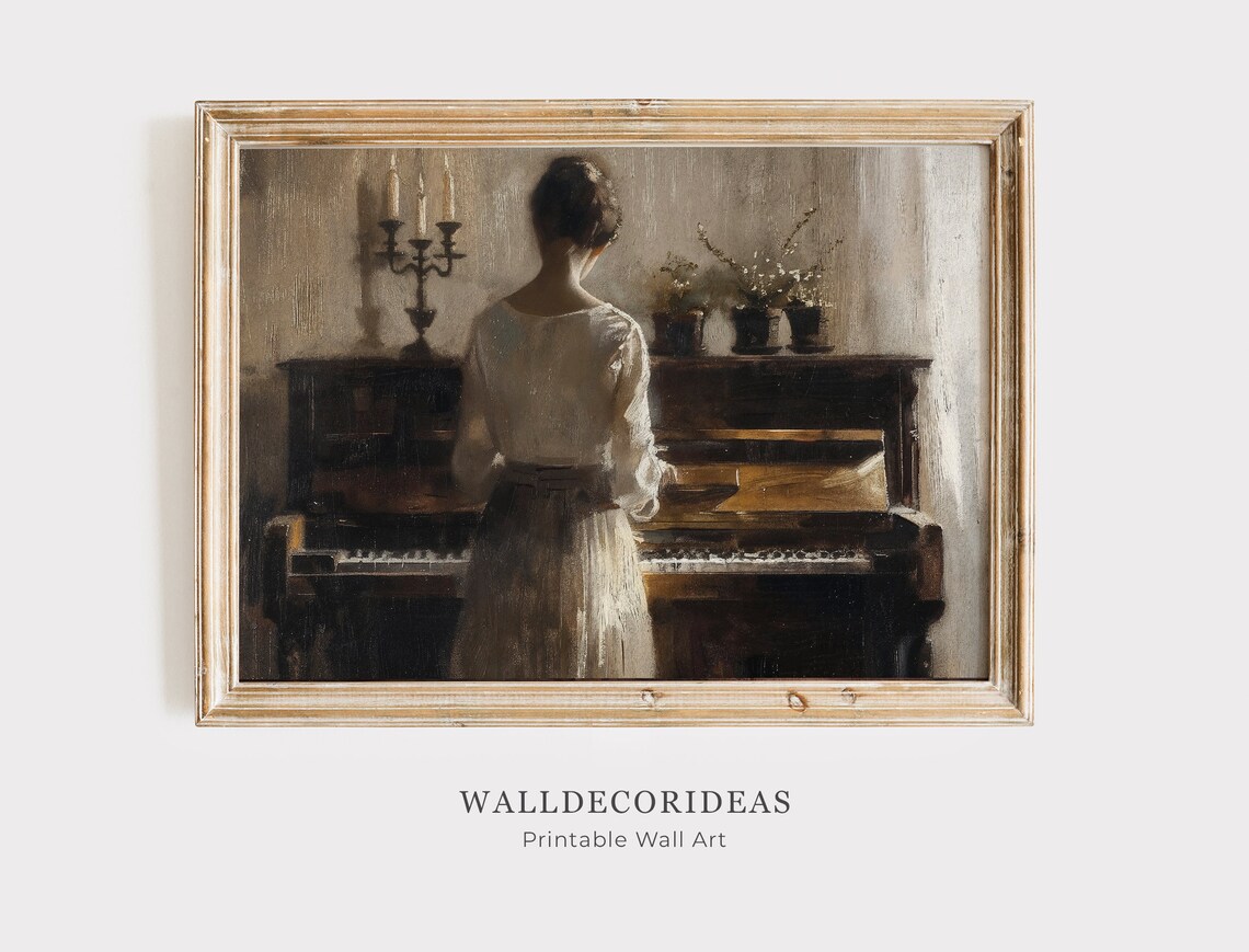 Woman at the Piano Candlelit Vintage Oil Painting Dark Academia Poster
