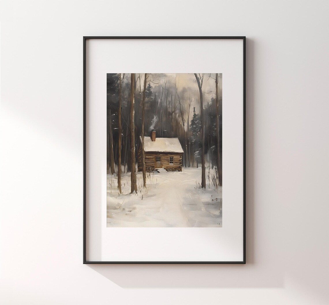 Log Cabin With Chimney Smoke In Snowy Dark Woods Moody Winter Scene Poster - Image 2