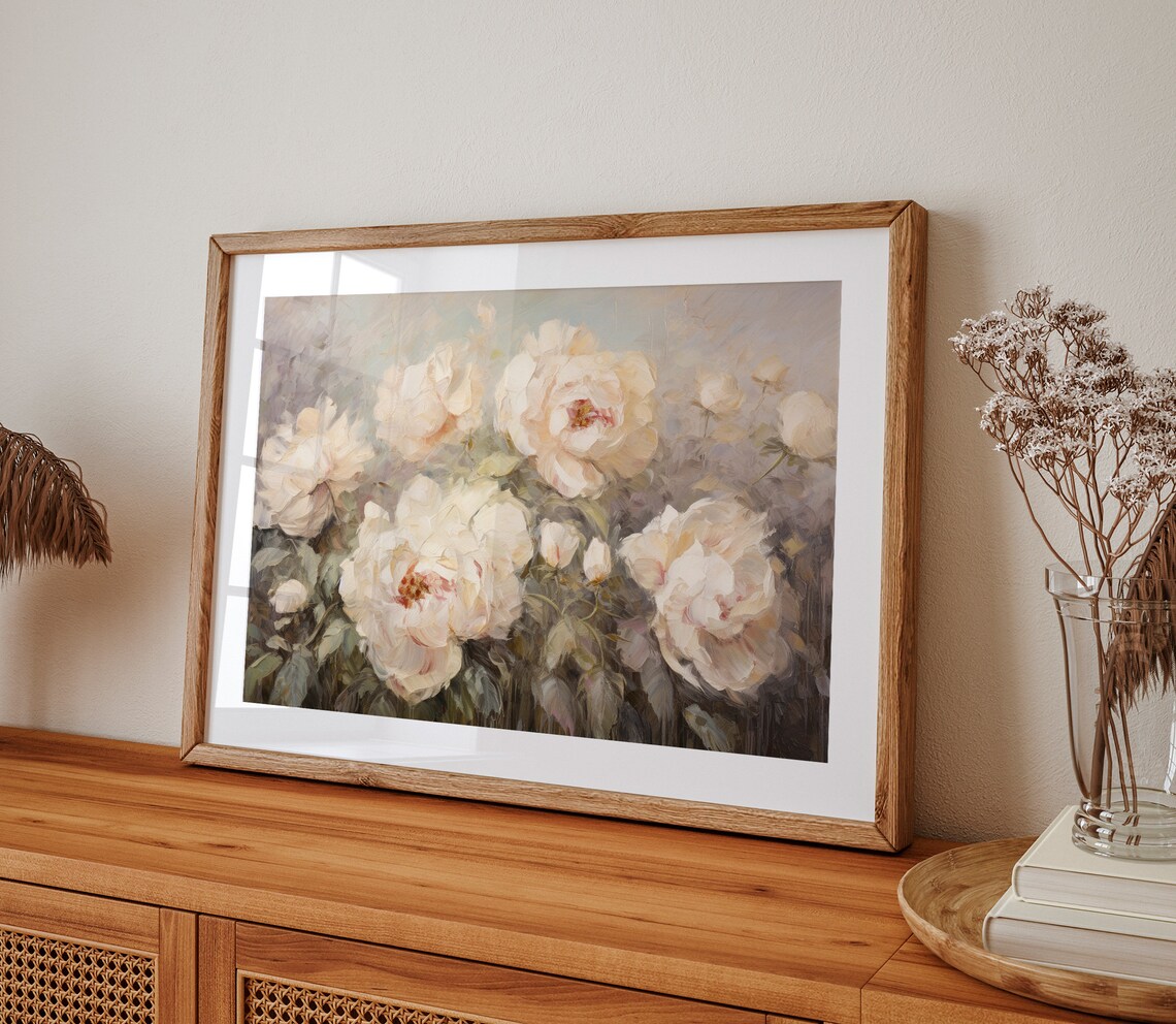 White Peony Blooms Vintage Impressionist Floral Oil Painting Poster - Image 2