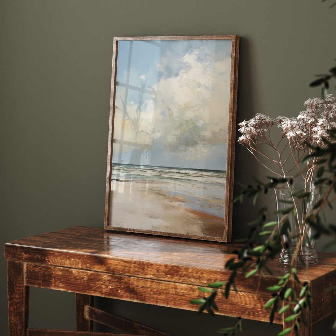 Soft Neutral Beach Seascape Gentle Waves Cloudy Sky Minimalist Oil Poster - Image 2