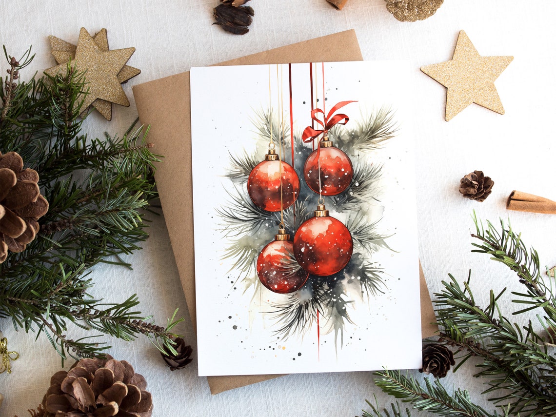 Red Christmas Baubles Watercolor Pine Branch Holiday Still Life Poster - Image 2