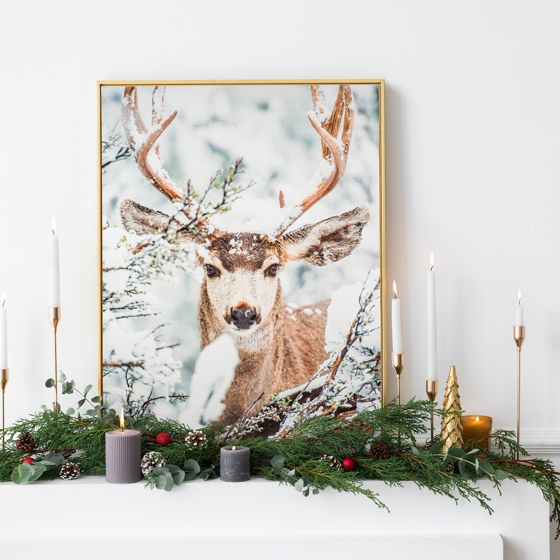 Majestic Stag in Snowy Winter Forest Close-Up Wildlife Art Poster - Image 3