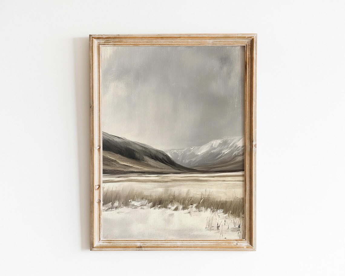 Vintage Winter Mountain Landscape, Moody Painting