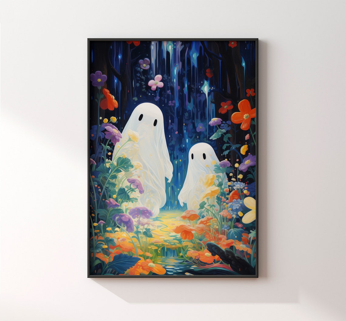 Two Ghosts In A Waterfall Grotto With Bright Flowers Halloween Poster - Image 3