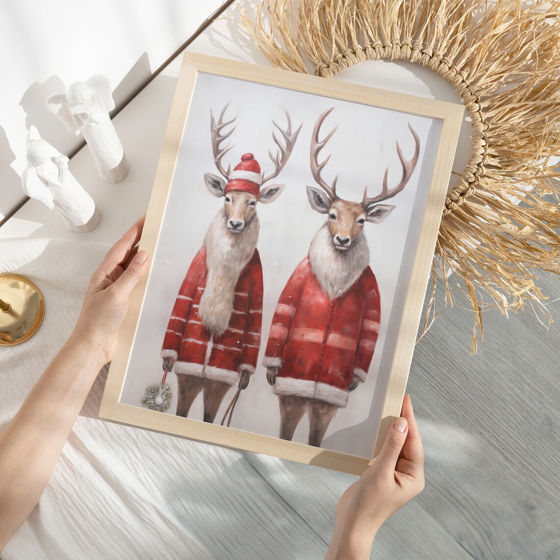 Funny Reindeer Couple in Red Coats Whimsical Christmas Animal Poster - Image 2