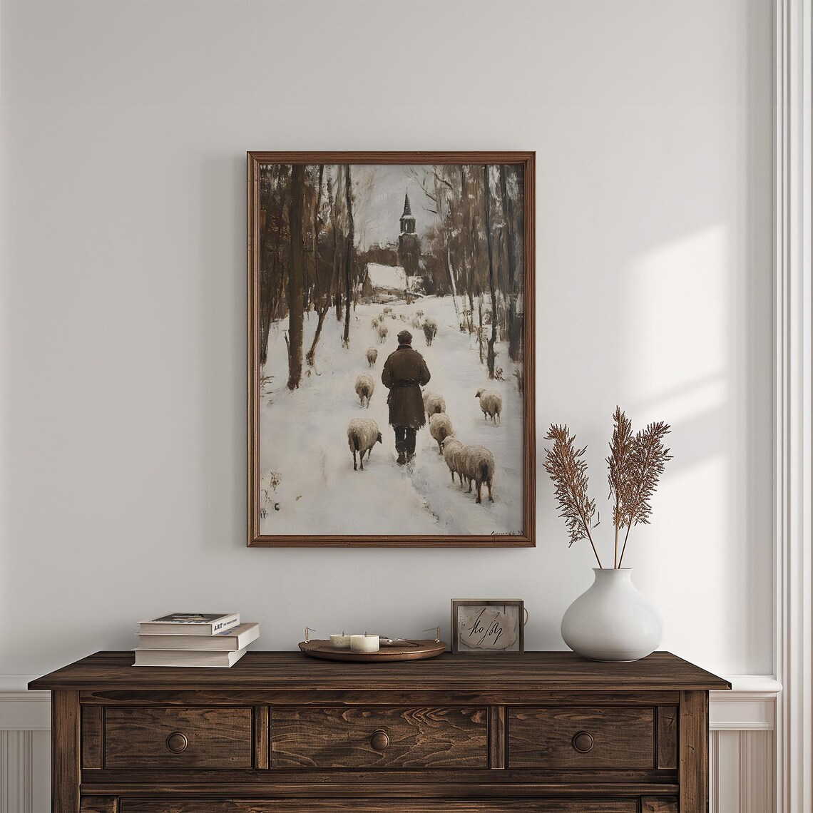 Shepherd Leading Sheep Through Snowy Village Toward Church Winter Art Poster - Image 7