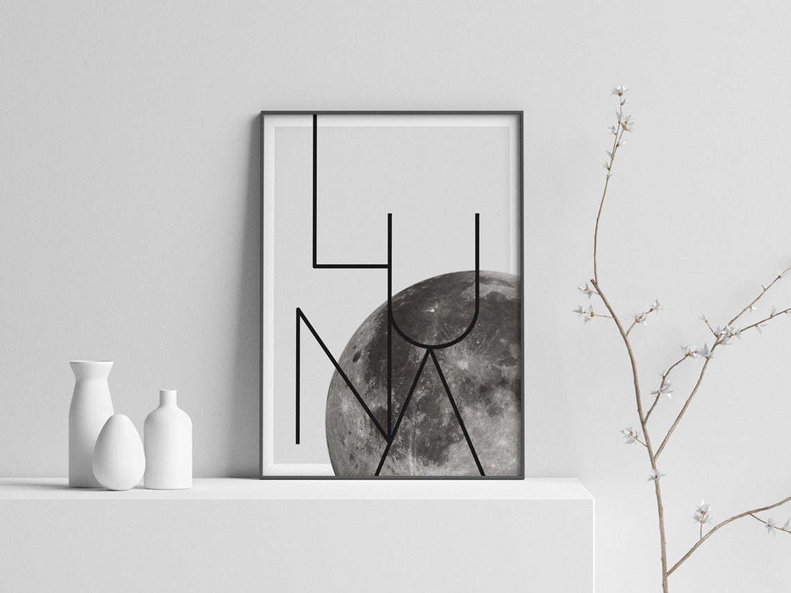Luna Minimalist Moon Line Typography Black Astronomy Art Print - Image 2