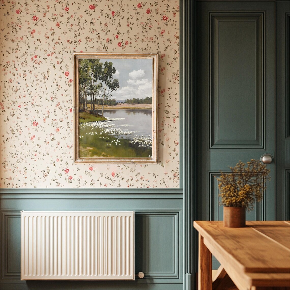 Vintage Spring Lake Landscape, Wildflowers Forest Scene - Image 3