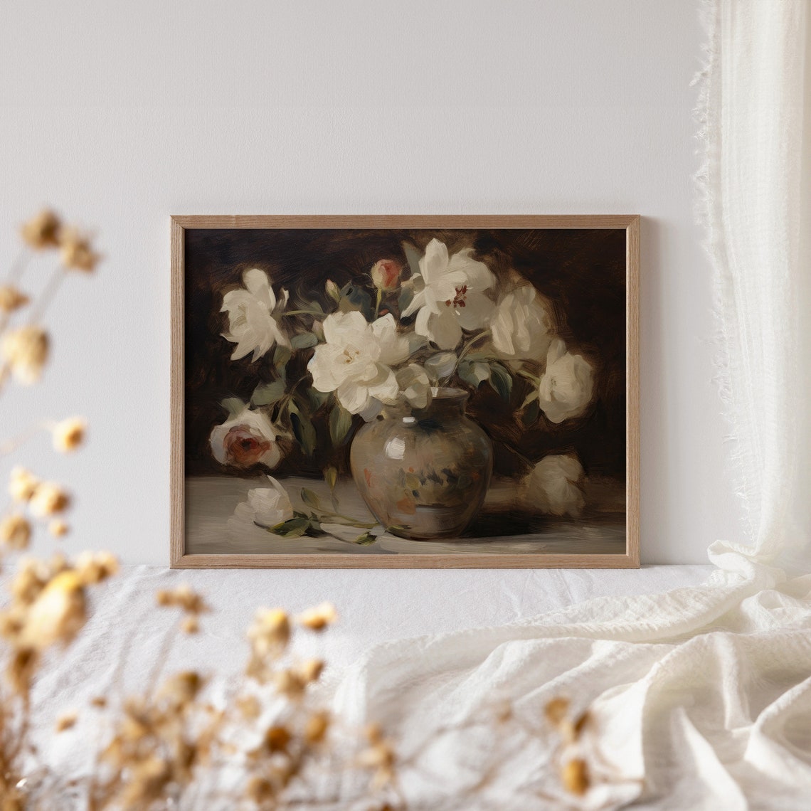 White Roses In A Ceramic Vase Dark Moody Floral Painting Poster - Image 4